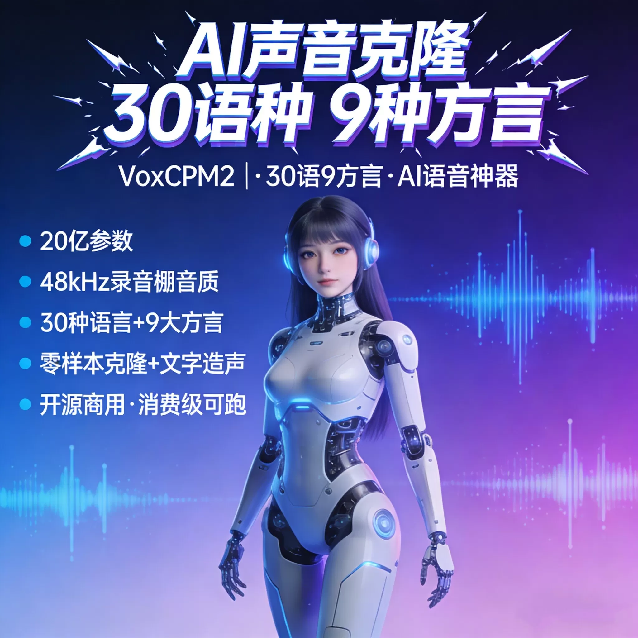 最新VoxCPM2文字转语音AI声音克隆ai语音设计多角色对话影视解说