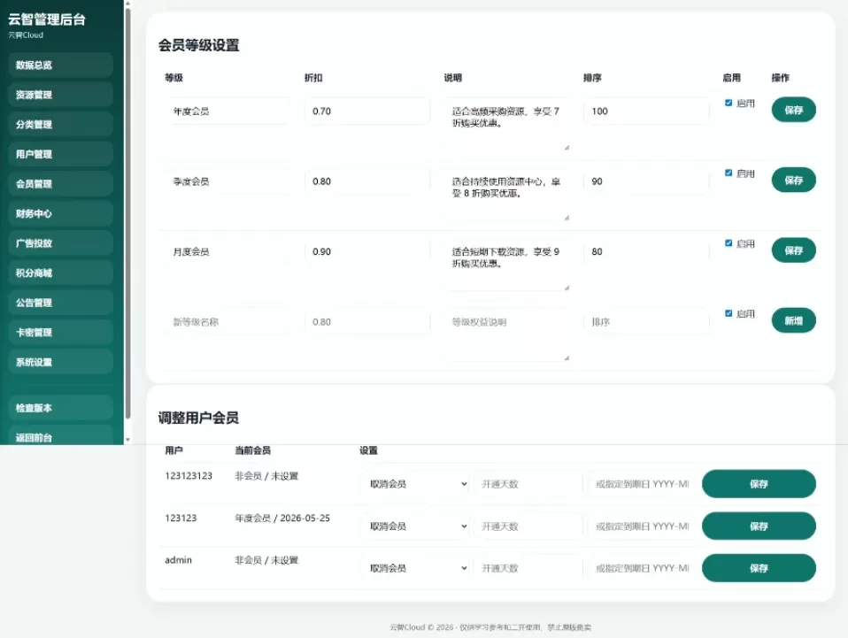 云智资源系统源码 – 带支付/积分商城/广告
