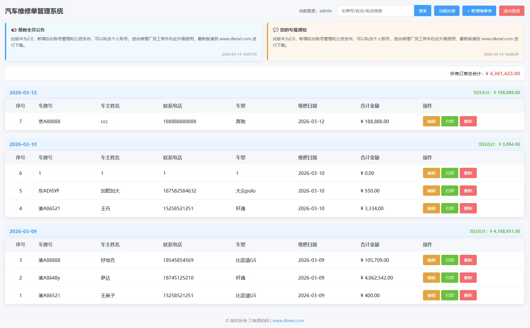 汽修单管理系统源码-大圣源码网